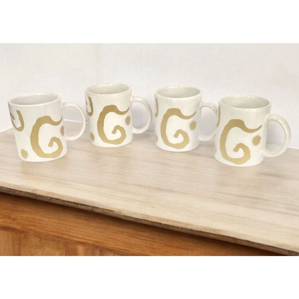 Oscar de la Renta Retired Ceramic Coffee Mugs White Gold Swirl Cups Set Of 4